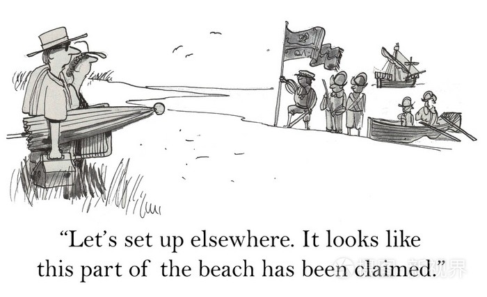 卡通插图。声称的海滩