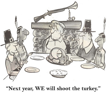 卡通插图。 一家人要吃火鸡。