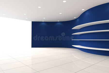 曲线蓝墙带架子的空房间