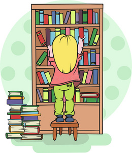 小书柜从图书馆的书架上取书的女孩学校教育-矢量图照片