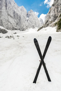 一双滑雪板穿过高山峡谷