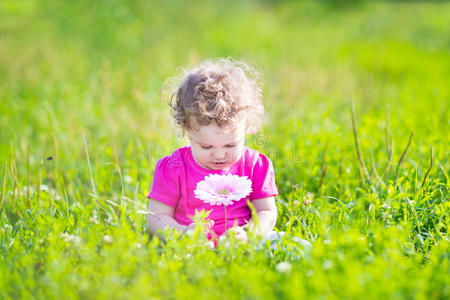 小女孩在花园里玩一朵粉红色的大花
