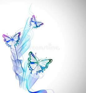 彩色背景与水彩蝴蝶和抽象波
