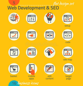 商业图标集。软件和网络开发，搜索引擎优化，市场营销