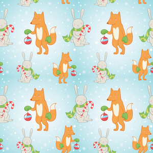 圣诞无缝模式与冬季兔子和狐狸