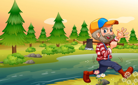 一名伐木工人,走路时携带一把斧头照片