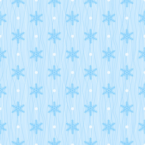 冬季无缝模式。蓝色雪花和波浪背景上的圆点