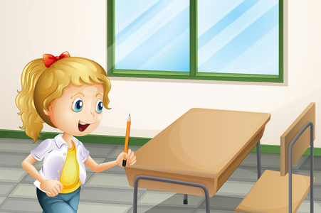 一个女孩在教室里拿着铅笔
