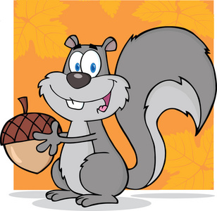可爱的灰色松鼠卡通人物举行橡子