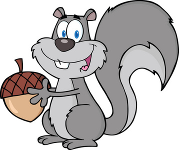 可爱的灰色松鼠卡通人物举行橡子