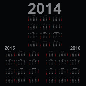 简单的日历 2014 年，到 2015 年，到 2016 年