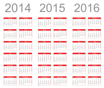 简单的日历 2014 年，到 2015 年，到 2016 年