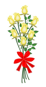 可爱的黄色玫瑰花束的红丝带