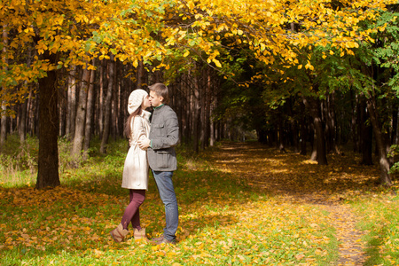在一个阳光灿烂的秋天日子在秋天公园接吻的年轻夫妇