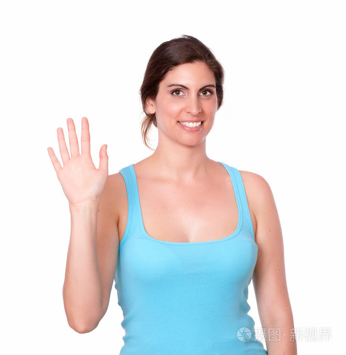 时尚运动型女性打手势问候语