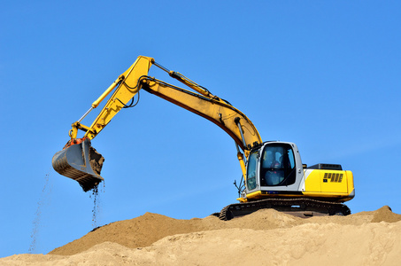 新黄色挖掘机沙丘上工作