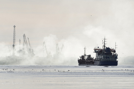 剪影货物的船舶和港口起重机在雾中