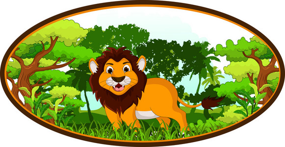 狮子卡通与森林背景图片