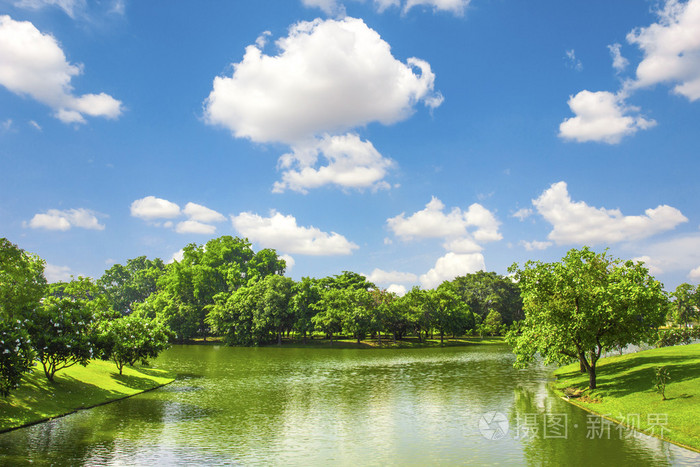 绿色公园户外与蓝蓝的天空云