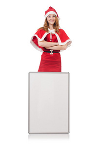 年轻的女人，穿着红色的圣诞老人服装与空白板