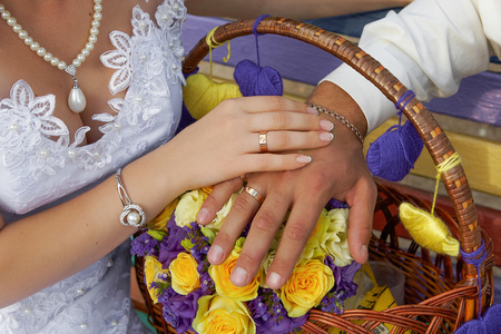 新郎和新娘结婚戒指的手