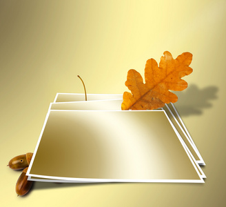 秋天的橡树枝与抽象黄金背景上的橡子。合唱专场