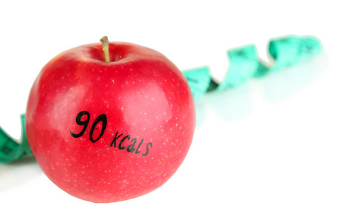 卡路里含量的孤立在白色的苹果