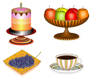 咖啡与蛋糕和水果，3d