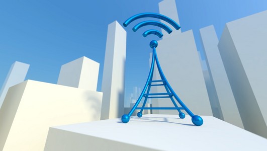 3d 无线网络在城市与 wifi 塔，通信的概念