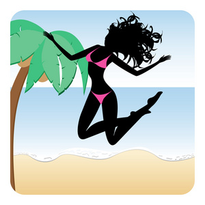 快乐的女孩穿着比基尼在海滩上跳跃的剪影