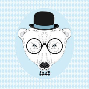 手绘制矢量肖像 ot 白熊的礼帽，时髦的外观