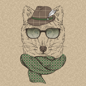 狼时髦的帽子，针织的围巾和眼镜的肖像