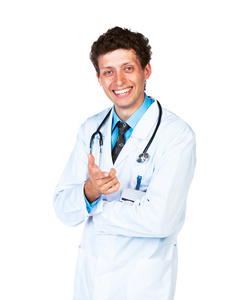 一个微笑男医生显示手指指着你在白色的肖像