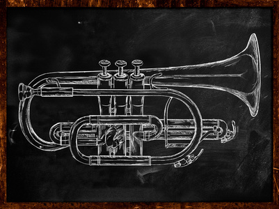 黑板喇叭黑板上的小号素描照片