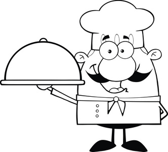 黑色和白色的快乐厨师卡通人物拿着一大盘