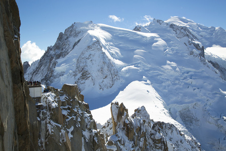 勃朗峰露台俯瞰钻头 du midi 山车站顶部的勃朗峰山