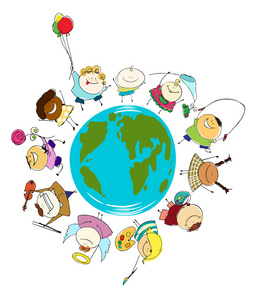 快乐儿童矢量插图的地球地球