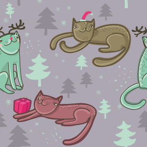 圣诞无缝卡通猫图案系列