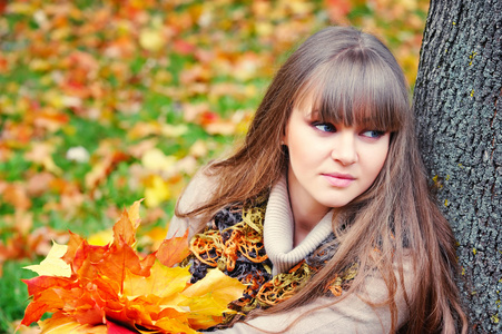 美丽的年轻女子，与秋天的肖像叶