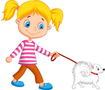 可爱的小女孩带着狗散步照片