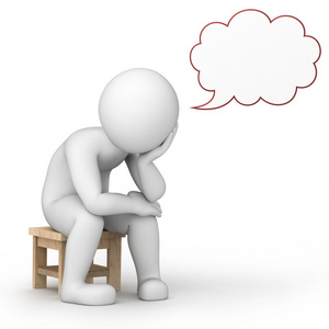 3d 立体人思考,坐在板凳上与空白思想泡泡照片