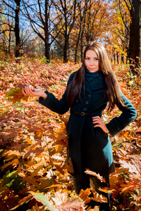 束树叶在秋天的公园里的女孩