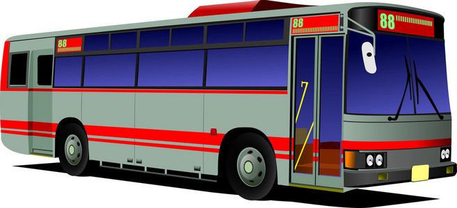 蓝红城市公交车。教练。矢量图
