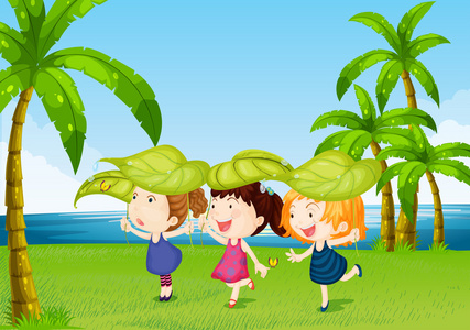 河边玩耍卡通三个孩子在河边玩耍照片