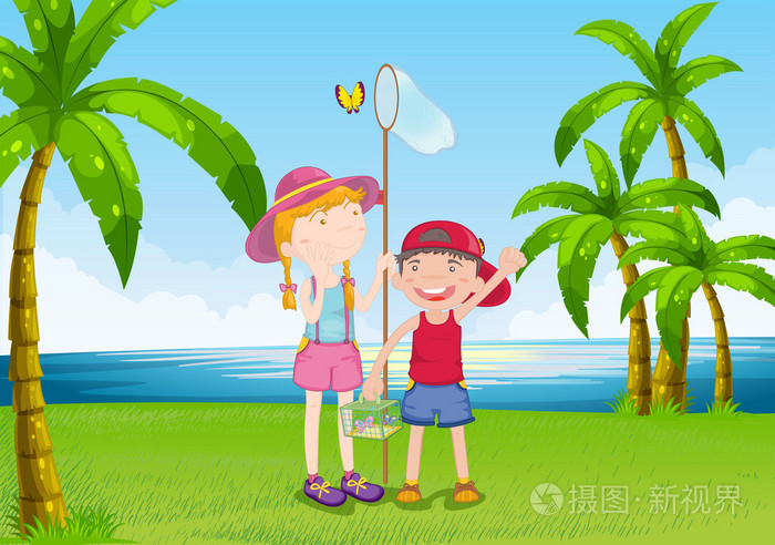 一个女孩和一个男孩捉蝴蝶在河岸边