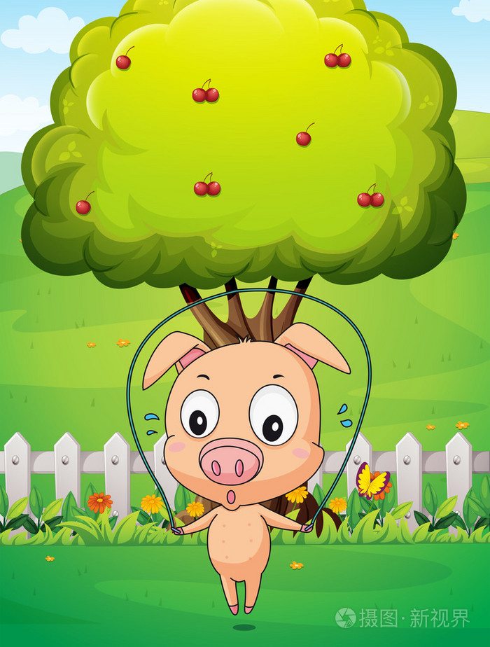 玩跳绳附近的树上一只猪