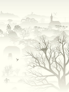 迷雾笼罩的山谷与树上巢中的插图