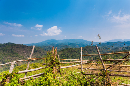 在泰国的栅栏和绿油油的山