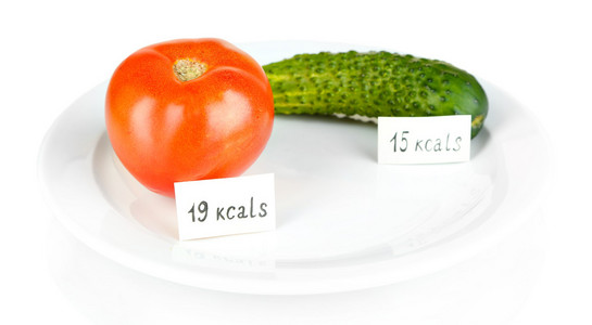 卡路里含量的黄瓜和番茄上白色隔离