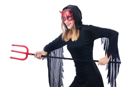 女人魔鬼与孤立的白色衬底上的三叉戟照片